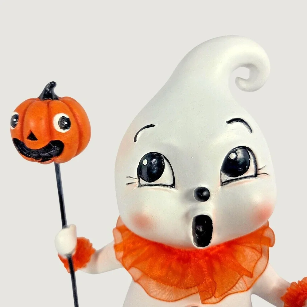 Nostalgic Halloween Ghost Figurine Pumpkin Cauldron 12 Inch Retro Decor